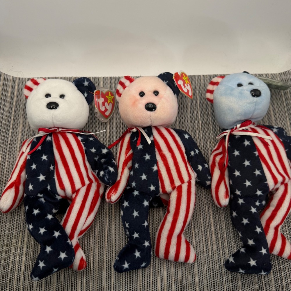 Ty Beanie Babies Spangle Bear Lot of 3 White Pink Blue Face Patriotic 1999 Plush